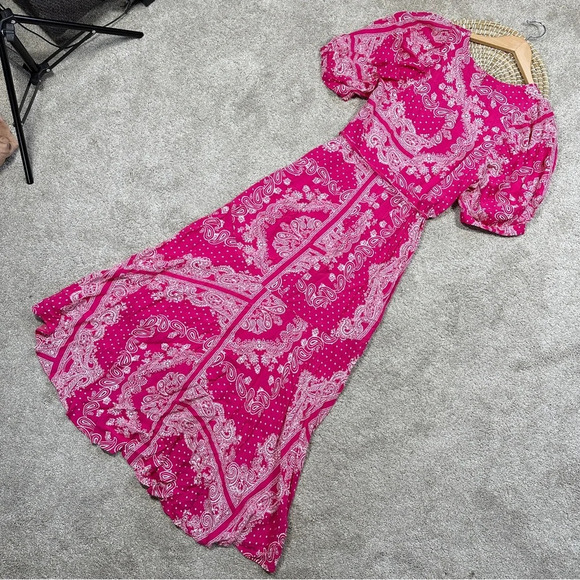 Ann Taylor Bandana Paisley Wrap Maxi Dress V-Neck Shortsleeve Hi-Low Pink Boho 8 - Picture 7 of 15
